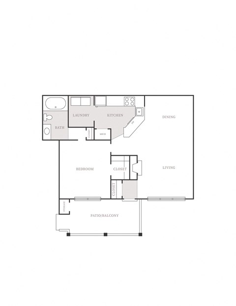 Floor plan for 1 bed, 1 bath, 888 sqft
